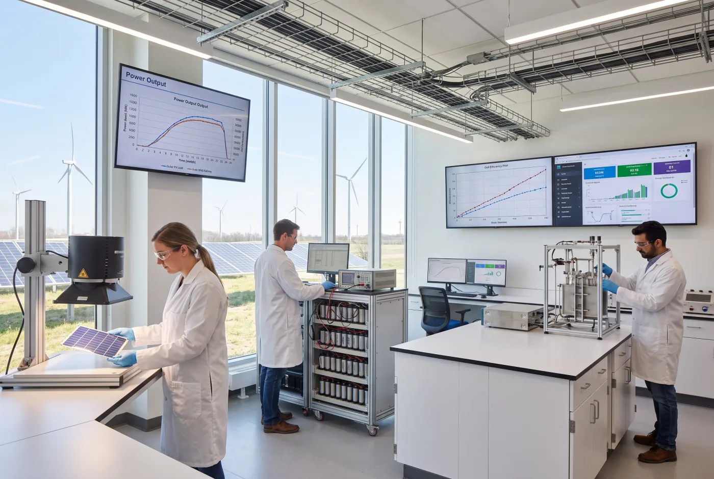 Renewable energy laboratory with solar photovoltaic, battery, and electrolyzer testing