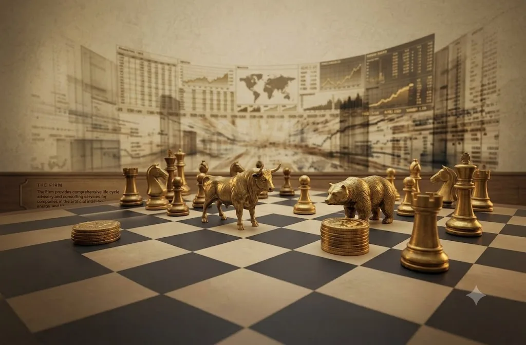 Gold bull and bear on a chessboard before financial market displays