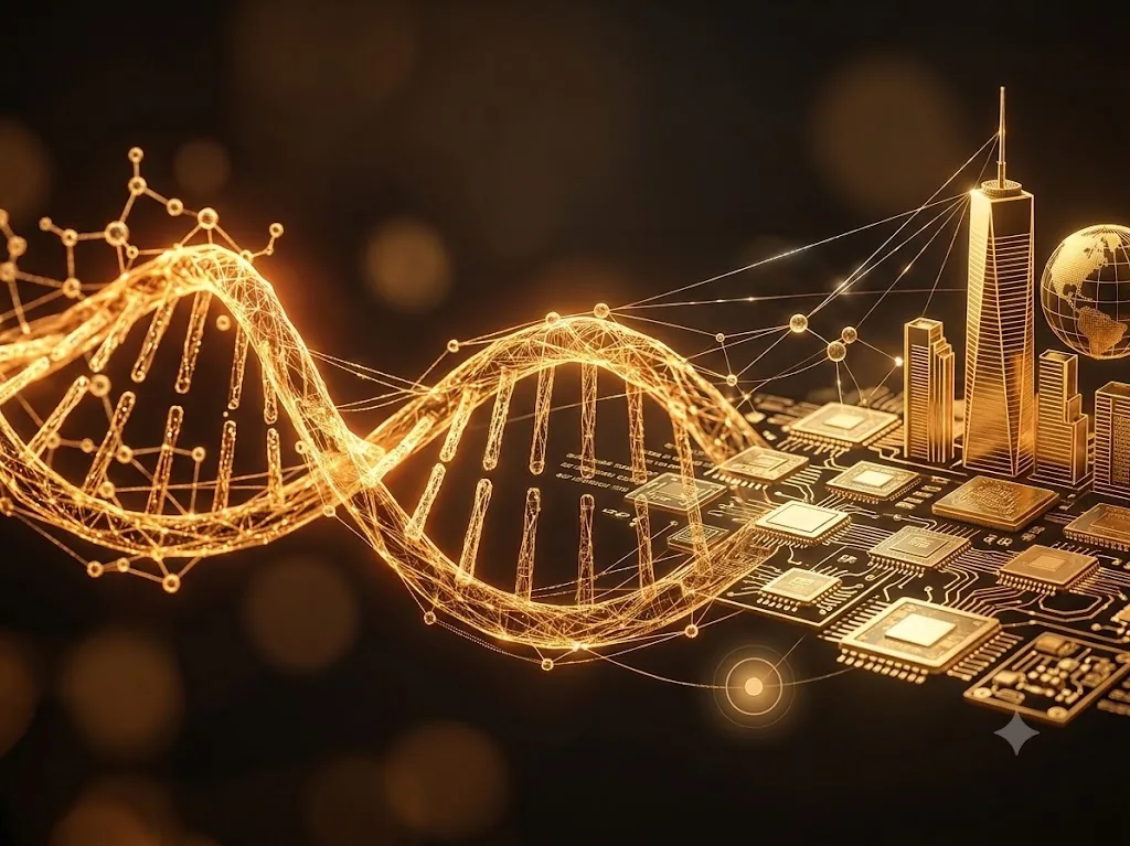 Golden DNA helix, fine luminous filaments on a warm backdrop