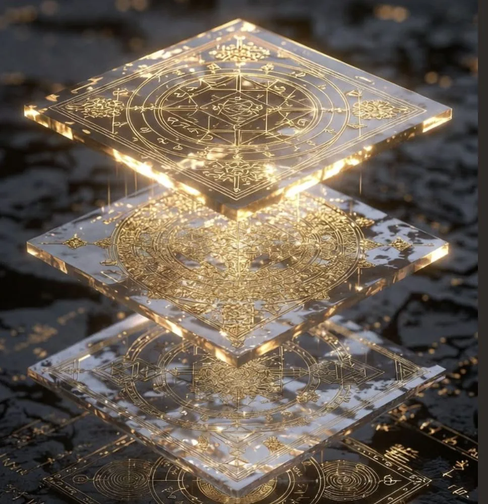Layered gold-engraved glass plates, luminous circuitry