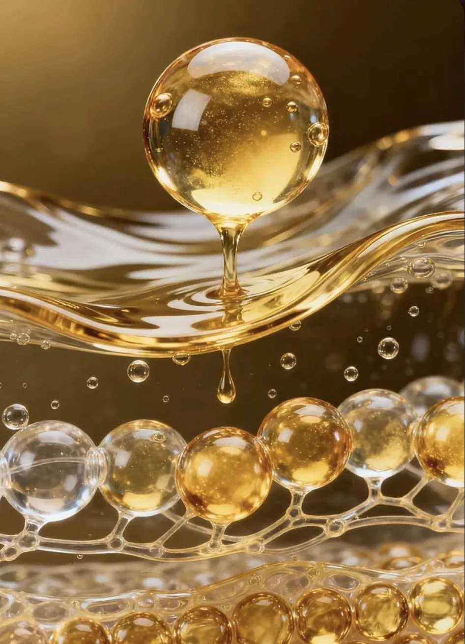 Macro shot of liquid gold droplets and bubbles forming an organic molecular lattice
