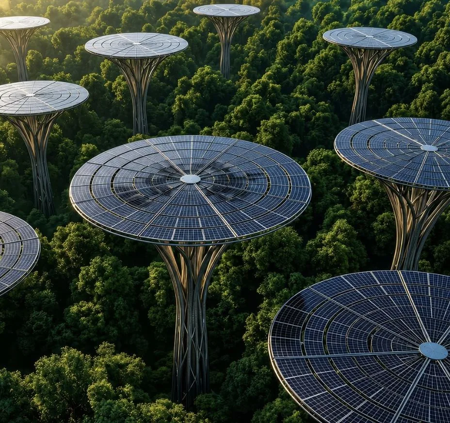 Solar tree canopies rising above a green forest